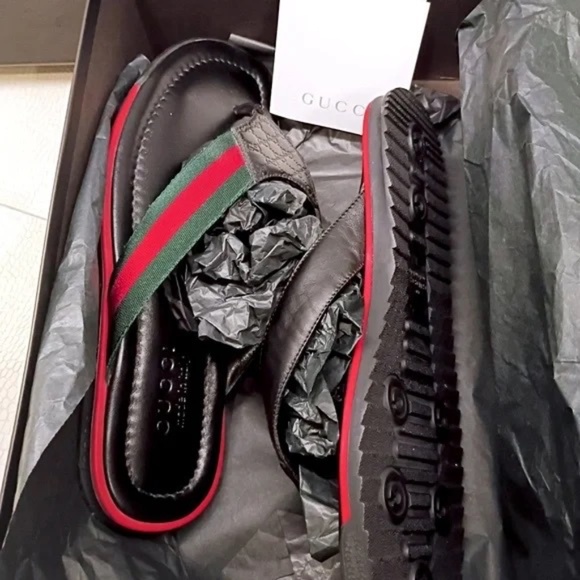💋Rare Gucci Leather Thong Slide 'Black' 268670 A9LA0 1061 (G8.5) NWOB - Picture 2 of 15